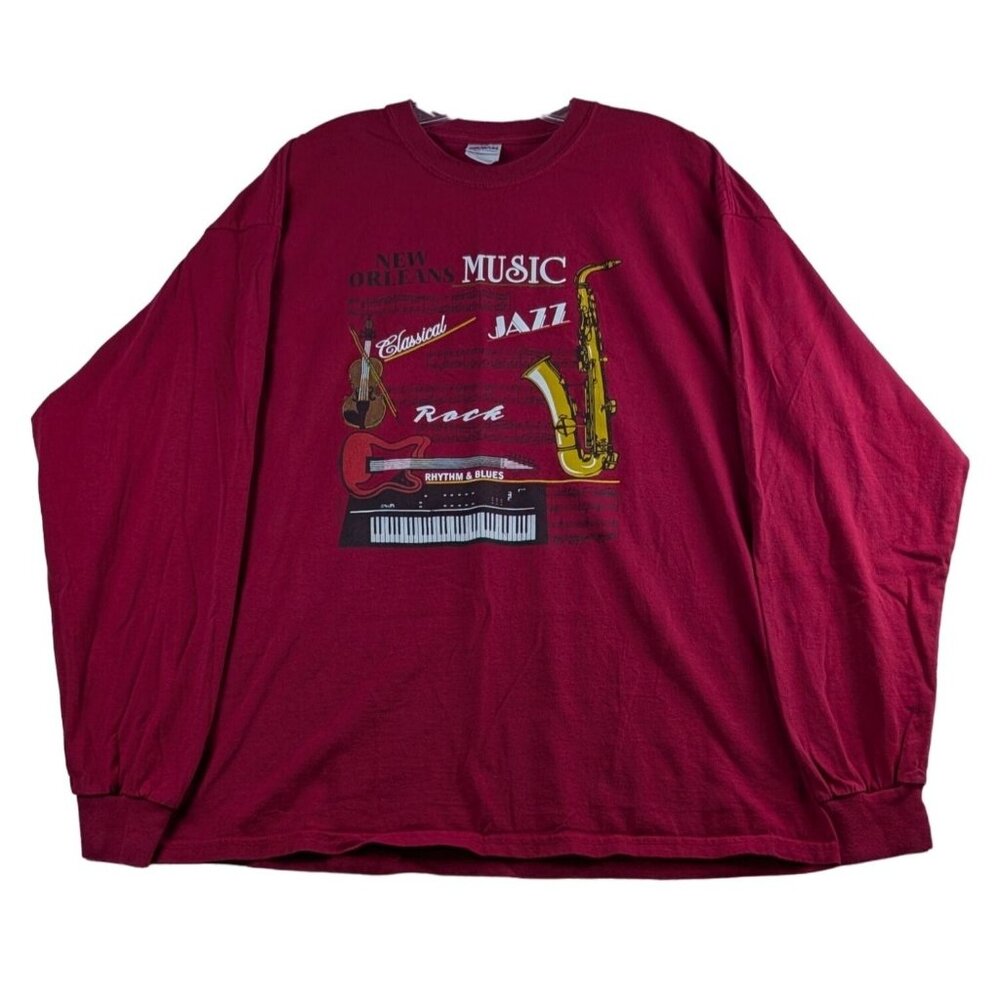 New Orleans Music Graphic Tee XL Gildan Ultra Cotton Jazz Rock Red Long‎ Sleeve